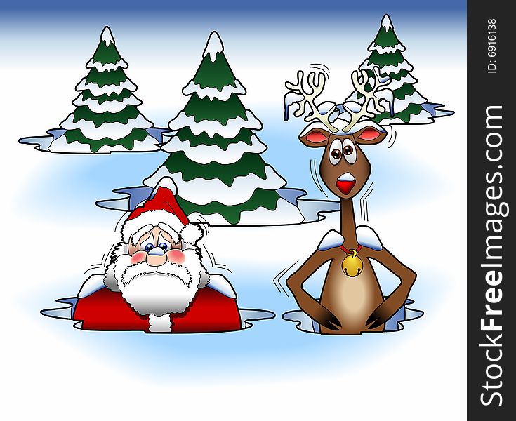 Cartoon graphic depicting Santa Claus and a reindeer stuck in the snow. Cartoon graphic depicting Santa Claus and a reindeer stuck in the snow