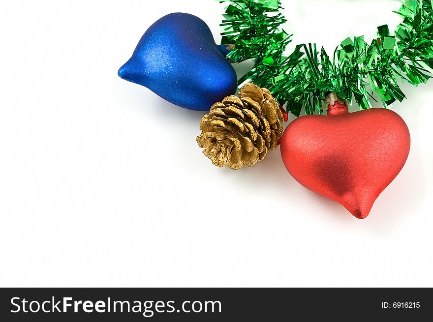 Christmas cone and hearts ornament, on white background. Christmas cone and hearts ornament, on white background.