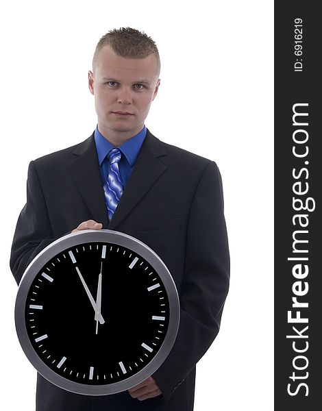 Businessman holding the clock. Over white. Businessman holding the clock. Over white