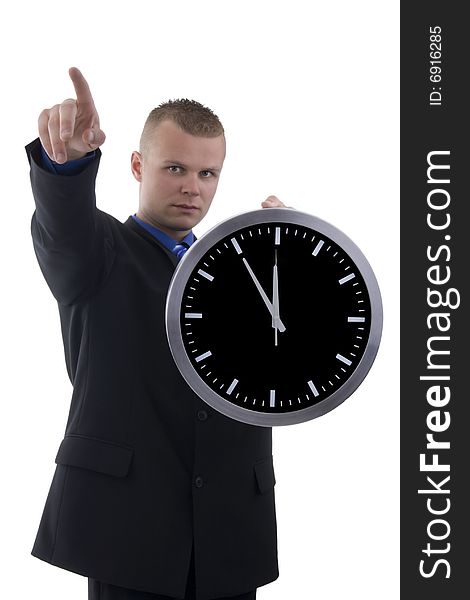 Young dealer in o'clock indicant finger against a white background