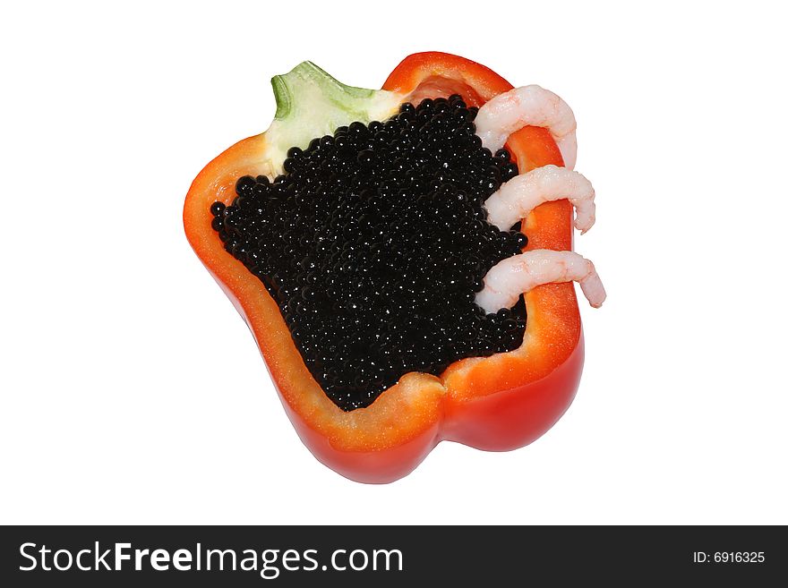 Black caviar  with red bell pepper and shrimps