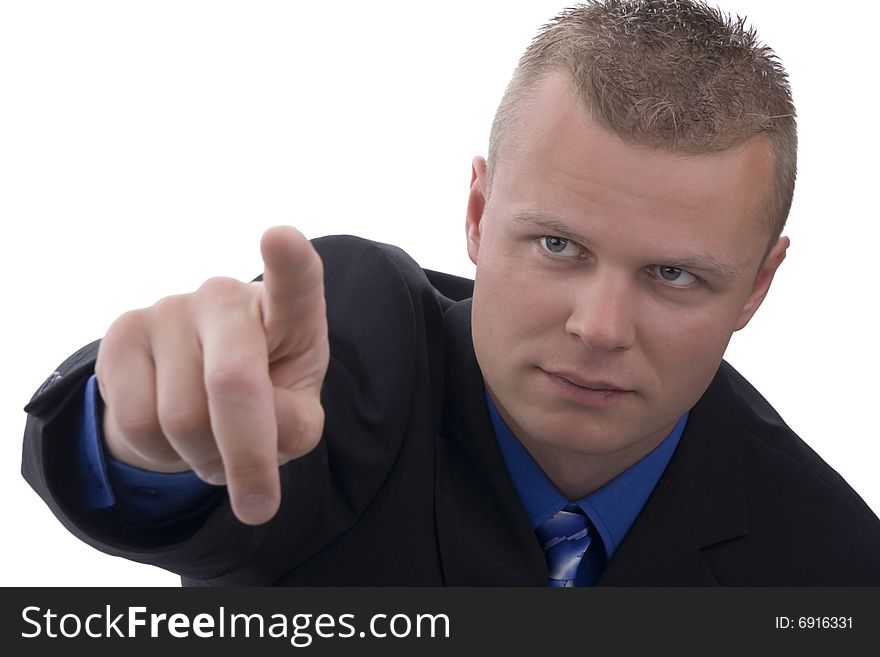Young dealer indicant finger against a white background
