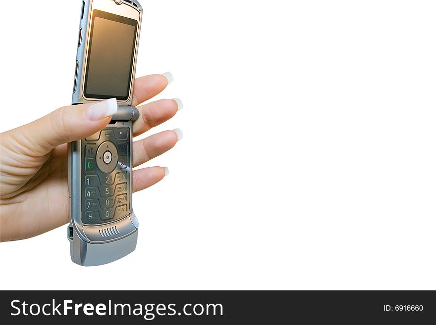 Mobile phone in hand isolated on white background