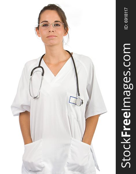 Young beautiful female nurse with stethoscope