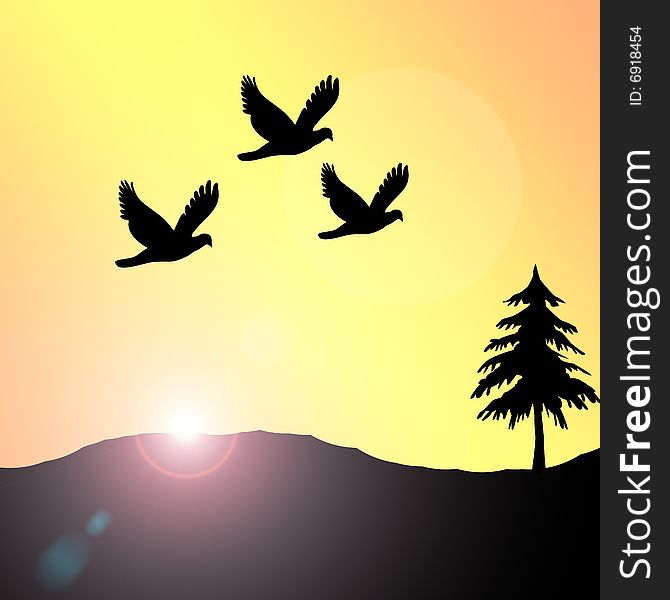 Illustration of sunset and birds. Illustration of sunset and birds