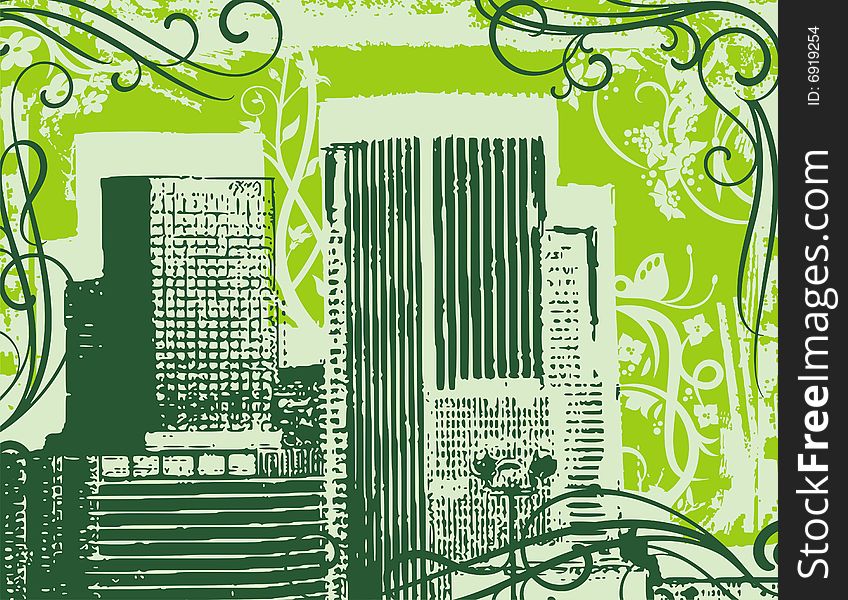 Grunge urban design with ornamental details. Vector illustration in green colors. Grunge urban design with ornamental details. Vector illustration in green colors.