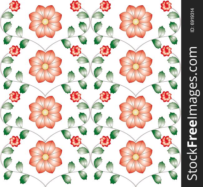 Red flowers and green leaves on a white background. Red flowers and green leaves on a white background.