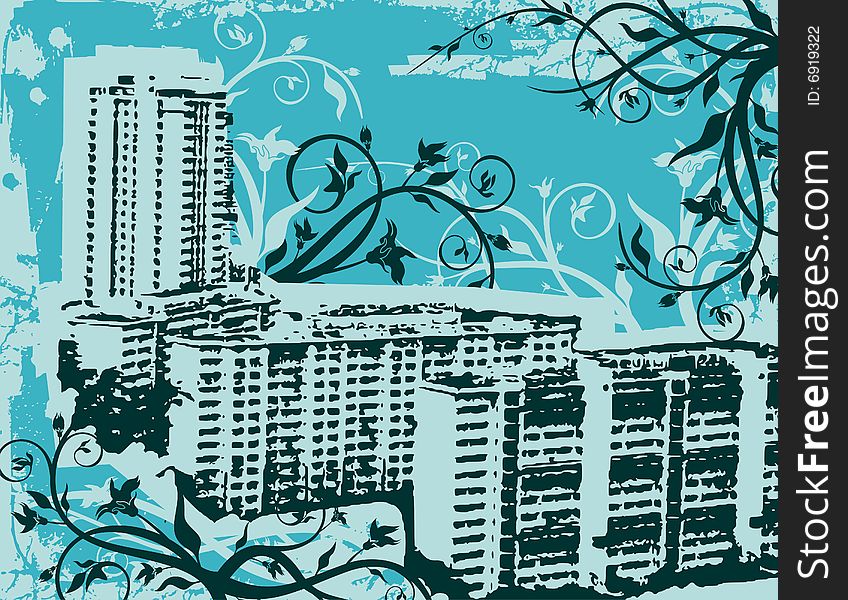 Grunge urban design with ornamental details. Vector illustration in blue colors. Grunge urban design with ornamental details. Vector illustration in blue colors.