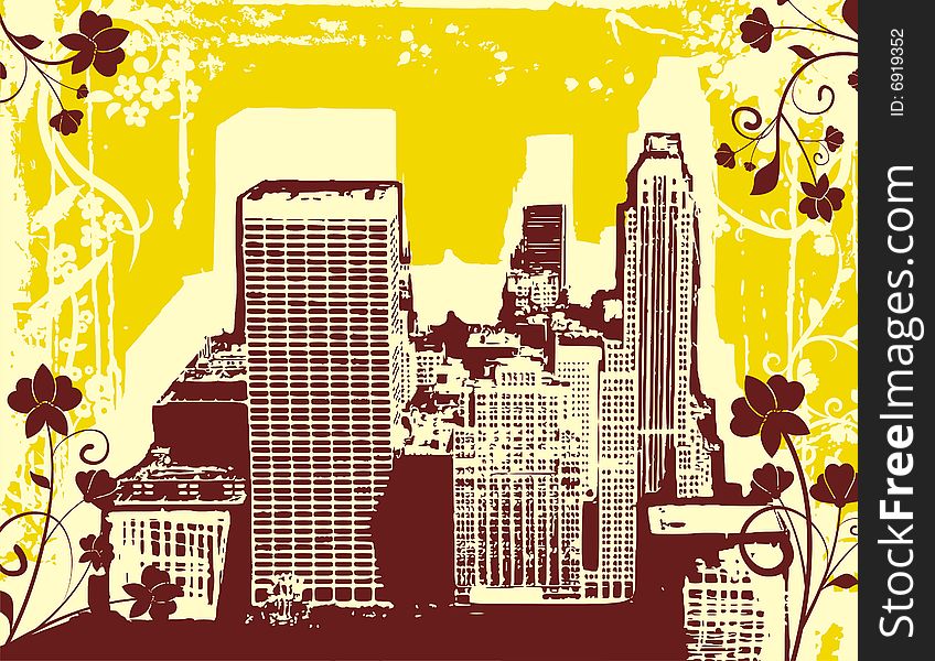 Grunge urban design with ornamental details. Vector illustration in yellow and brown colors. Grunge urban design with ornamental details. Vector illustration in yellow and brown colors.