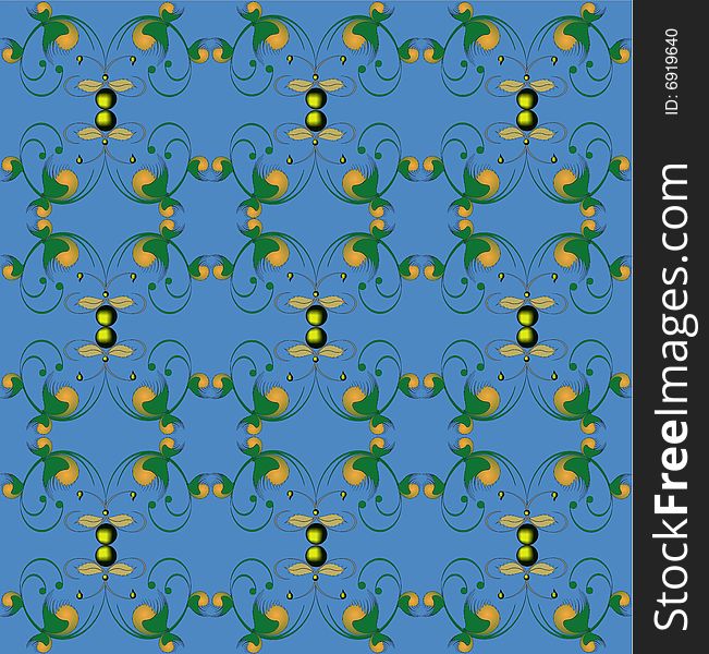 Abstract gold and green figures on a blue background. Decorative pattern for wallpapers or fabric. Abstract gold and green figures on a blue background. Decorative pattern for wallpapers or fabric.