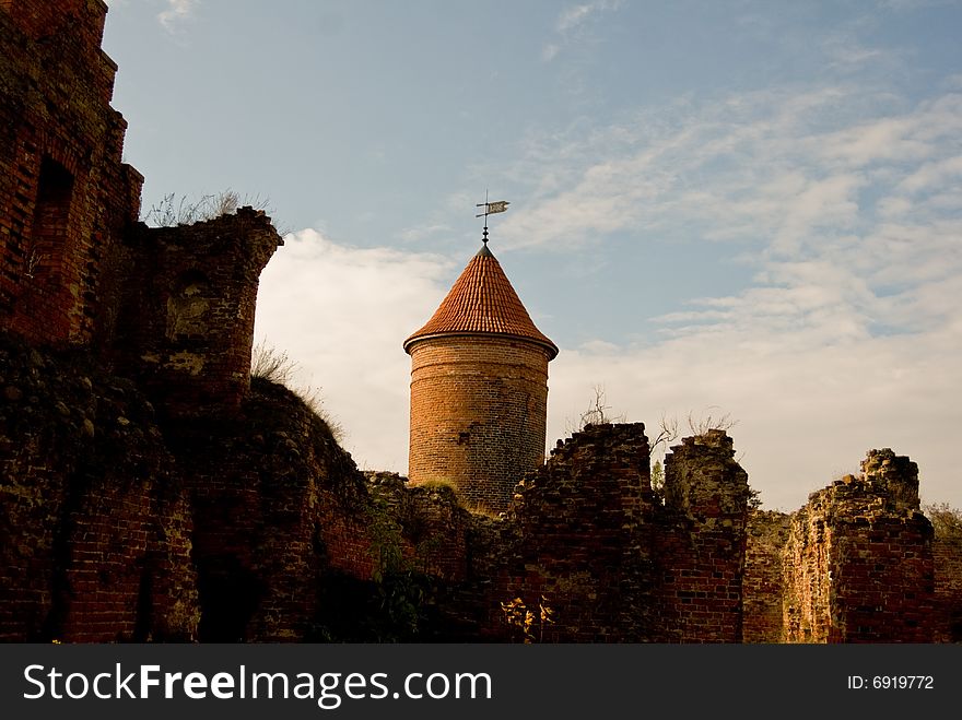 Teutonic's konght ancient castle ruins with tower. Teutonic's konght ancient castle ruins with tower