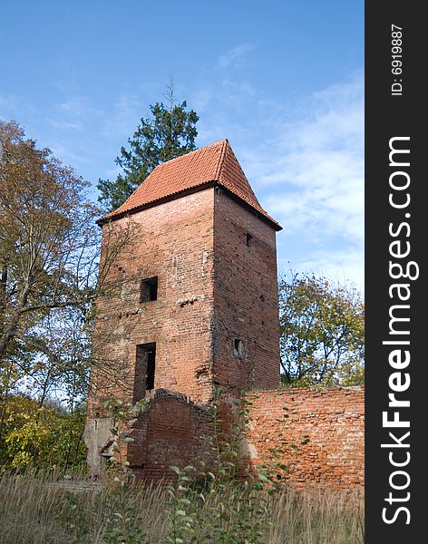 Teutonic's konght ancient castle ruins with tower. Teutonic's konght ancient castle ruins with tower