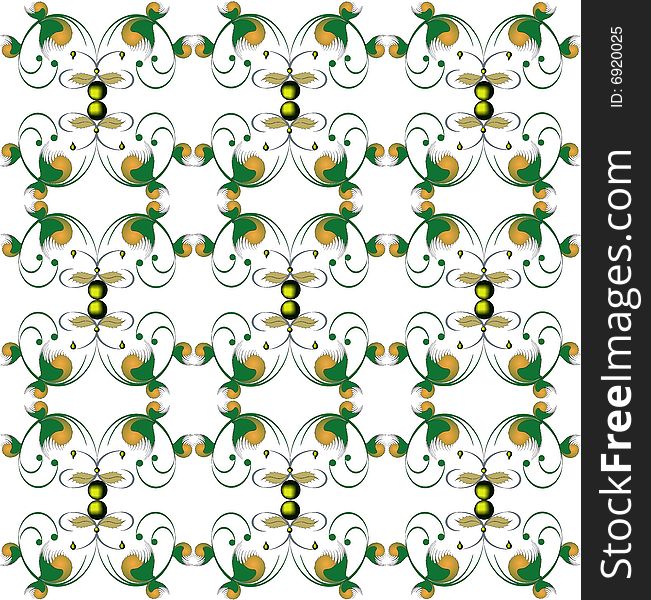 Abstract gold and green figures on a white background. Decorative pattern for wallpapers or fabric. Abstract gold and green figures on a white background. Decorative pattern for wallpapers or fabric.