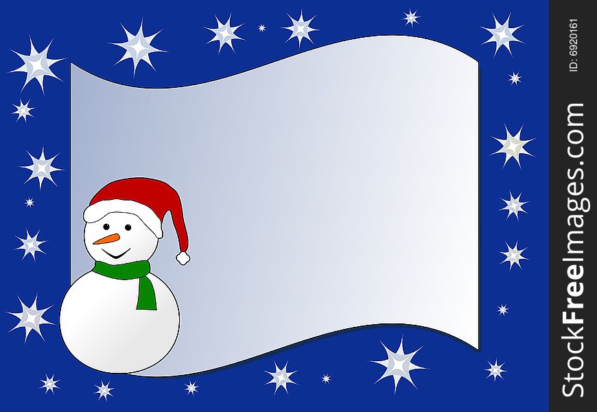 Christmas card with snowman, sparkles and space for your text. Vector illustration