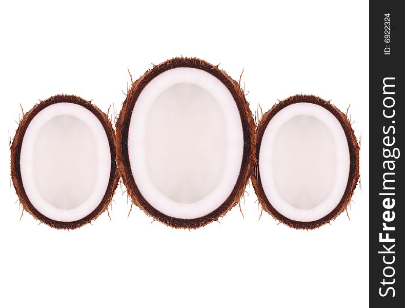 Three pieces of broken the coconut on white background