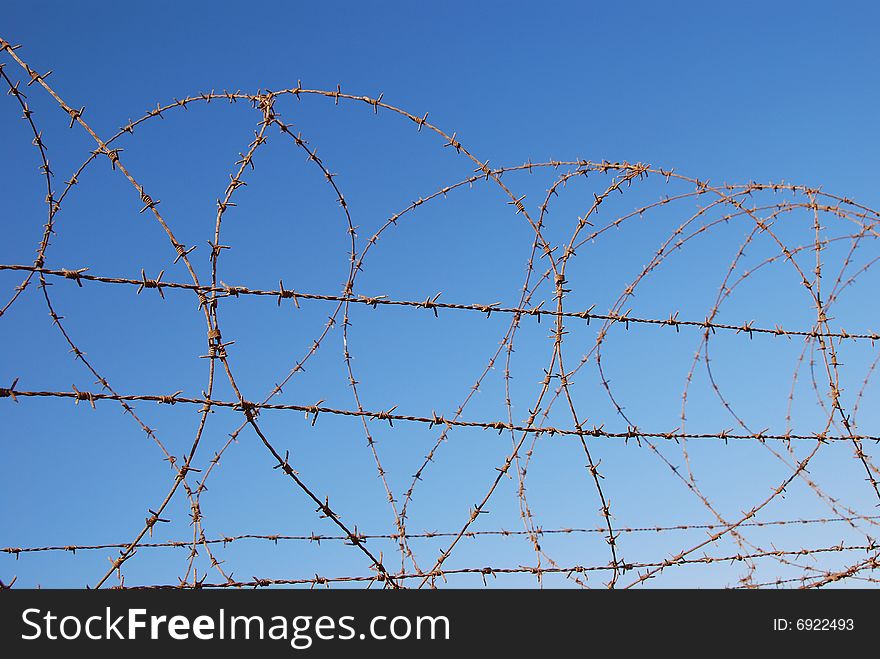 Fragment of barbed wires on blue sky background