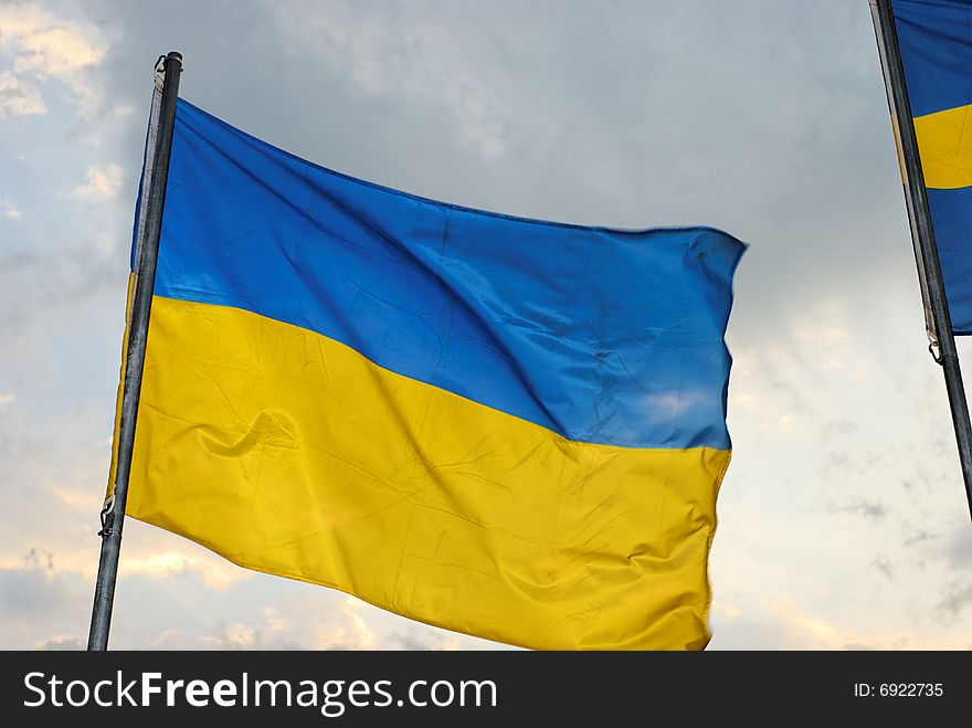 Ukrainian flag waves in the wind.