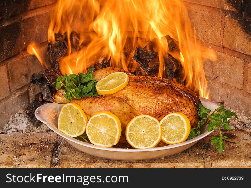 Hen a grill against a fireplace flame. A celebratory supper. Hen a grill against a fireplace flame. A celebratory supper.