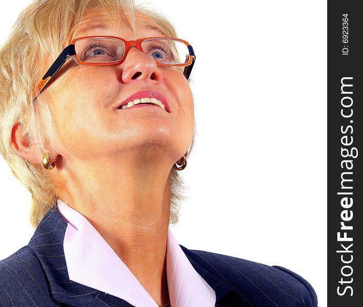 Business woman in her 50s looking up with glasses. Isolated over white. Business woman in her 50s looking up with glasses. Isolated over white.