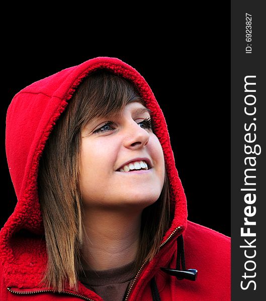 Pretty young woman in a red hooded coat. Pretty young woman in a red hooded coat
