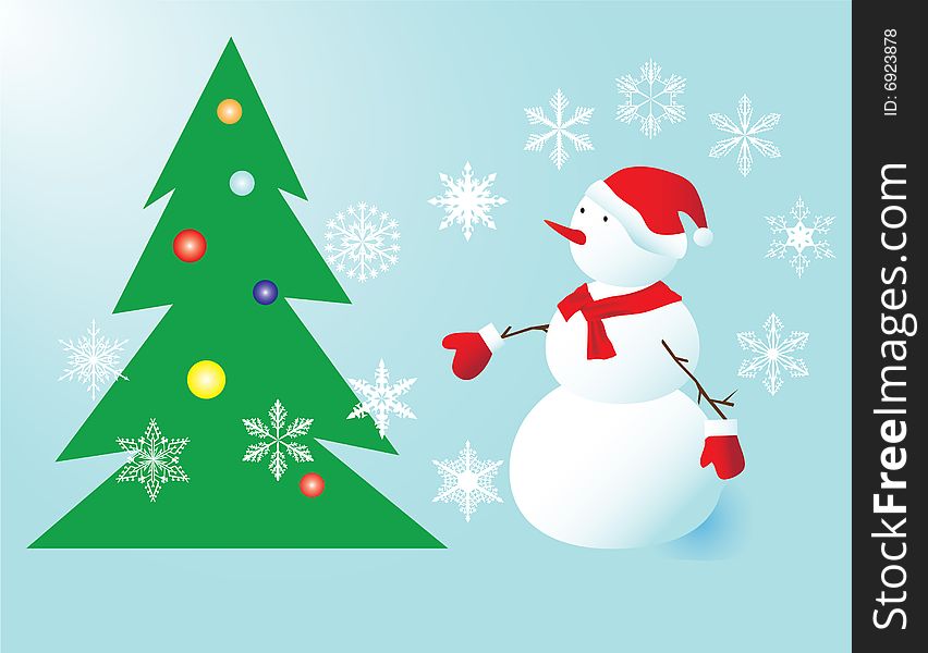 Snowman near a Christmas tree. Vector illustration