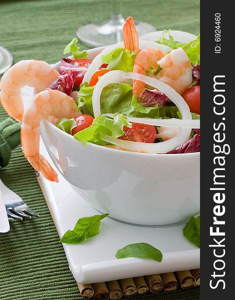 Lettuce salad with prawns and cherry tomato. Lettuce salad with prawns and cherry tomato