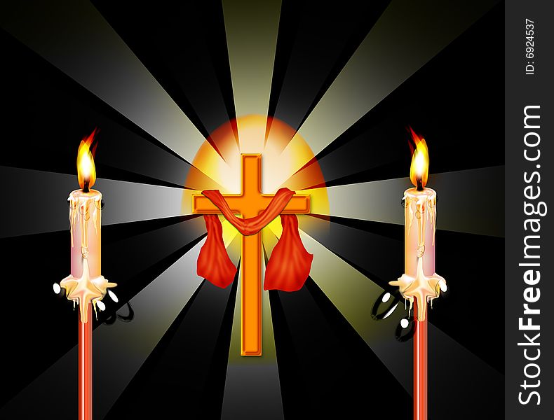 Cross and two candle lights on the black background and rays. Cross and two candle lights on the black background and rays
