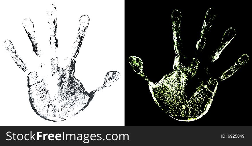 Vector illustration of a highly detailed hand print trace in two color variations. Aged skin look. Vector illustration of a highly detailed hand print trace in two color variations. Aged skin look.