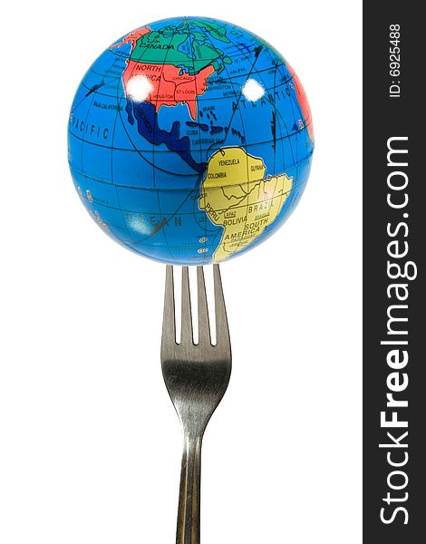 Small globe on a fork (isolated on white)