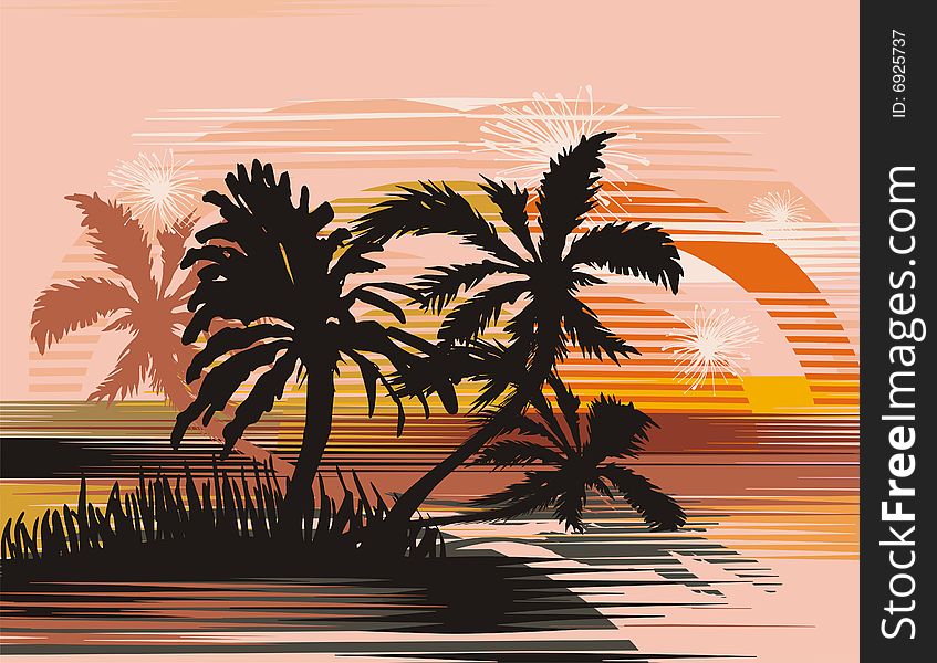 Tropical beach at sunset, vector illustration series. Tropical beach at sunset, vector illustration series.