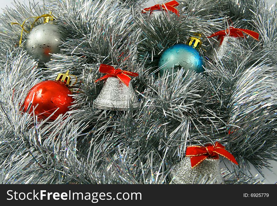 Christmas bell, balls on silver Ñhristmas tree. Christmas bell, balls on silver Ñhristmas tree