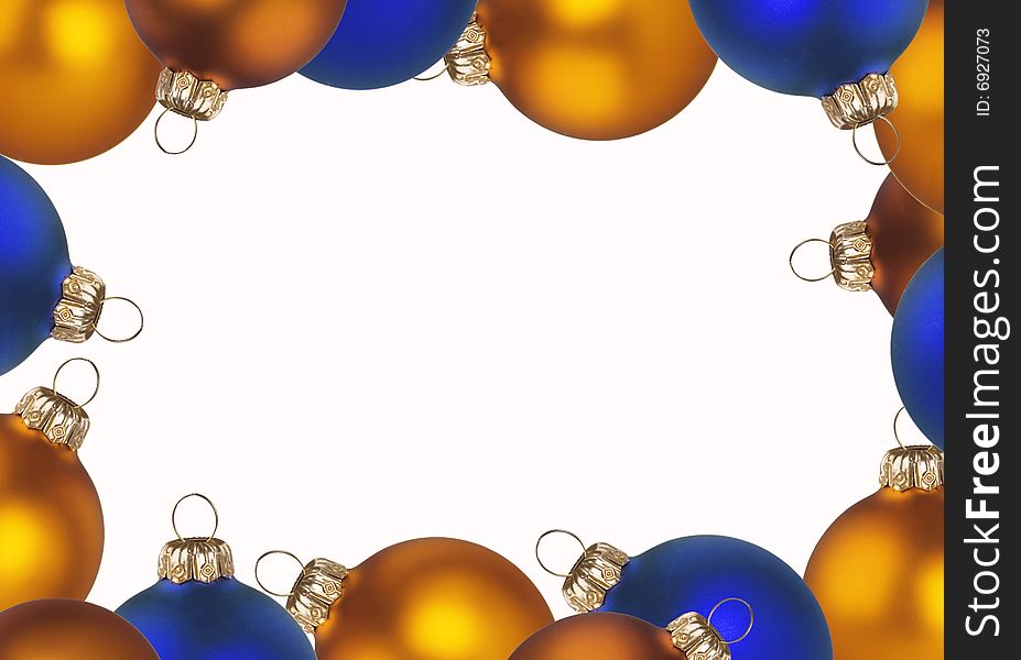 Xmas golden and blue balls as a frame;  isolated on white. Xmas golden and blue balls as a frame;  isolated on white