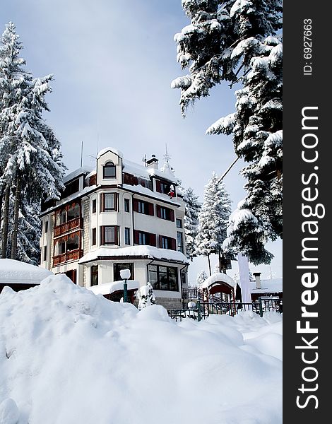 Small hotel isolated by snow in winter. Small hotel isolated by snow in winter