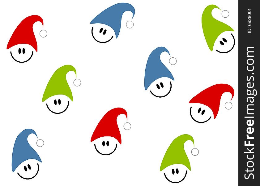 A tileable background pattern featuring smilies wearing colourful hats. A tileable background pattern featuring smilies wearing colourful hats