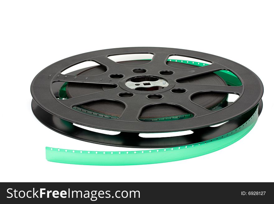 Black 16 mm film reel isolated on white