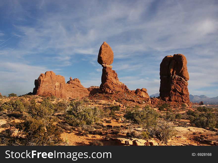 View of the red rock formations in Arches National Park with blue sky�s and clouds