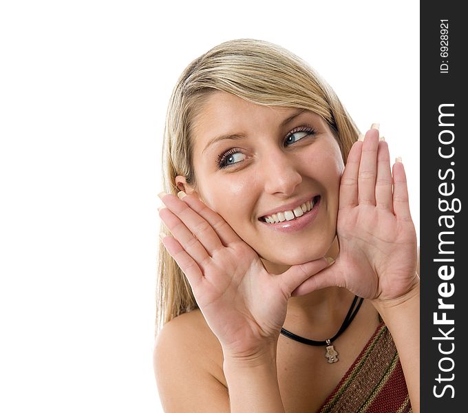 Beautiful young woman framing face with hands. Isolated over white.