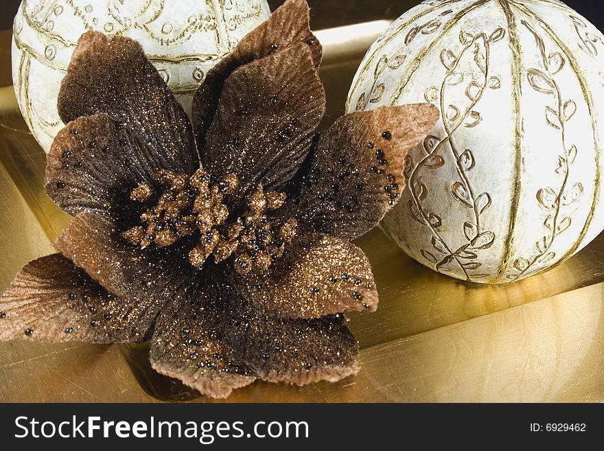 Christmas balls with brass flower. Christmas balls with brass flower