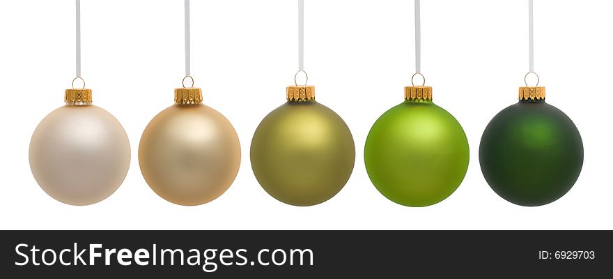 Five hanging Christmas ornaments on white background