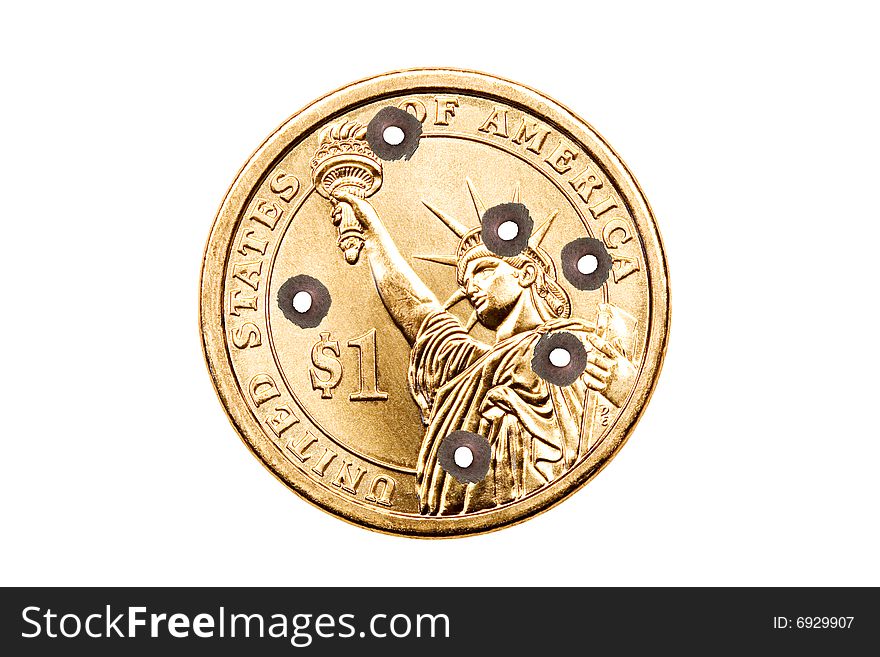 Bullet holes in US dollar coin isolated on white. Bullet holes in US dollar coin isolated on white