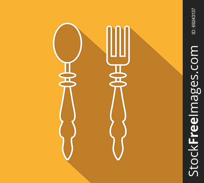 Flat Icon of spoon and fork. Isolated on stylish yellow background.