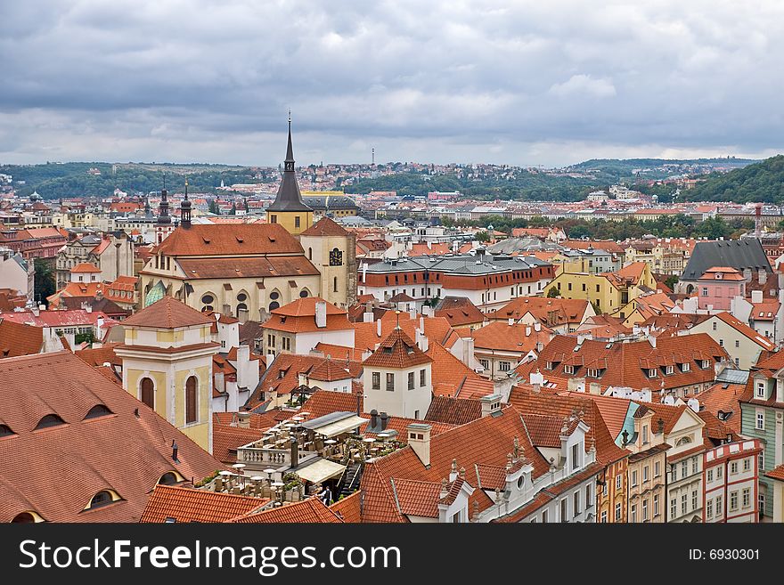 Overcast sky above the roofs of old Prague