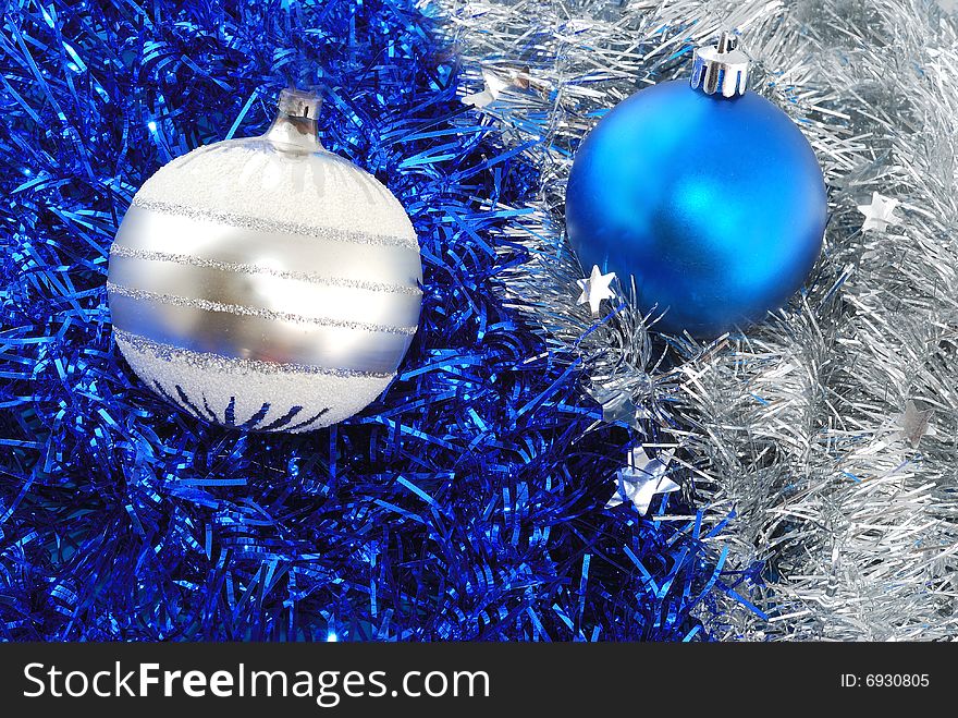 Christmas balls decorations on tinsel