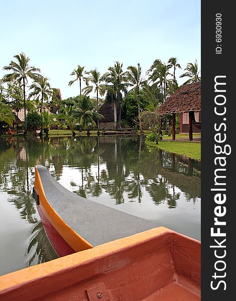 The front of a canoe approaches the shore at the Polynesian Cultural Center on O'ahu, Hawaii.