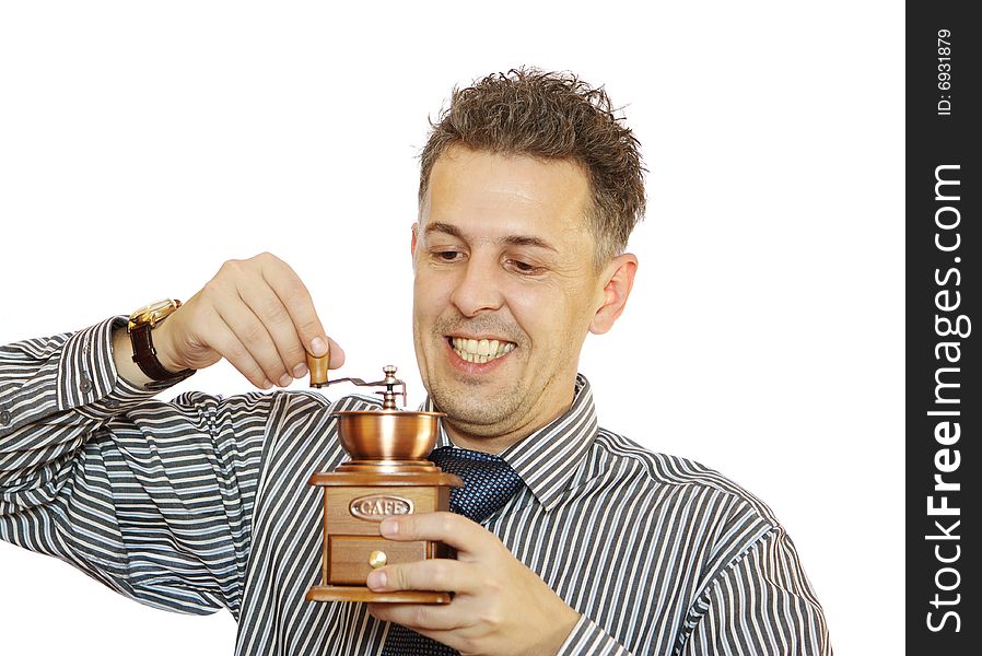 Man with coffee grinder on white background. Man with coffee grinder on white background