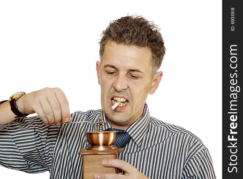 Man with coffee grinder on  white background. Man with coffee grinder on  white background