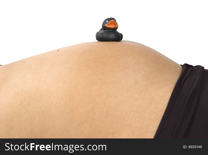 30 weeks pregnant teenager with black duck on her belly