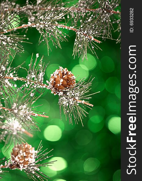 Pine branches with cones on a green sparkling background. Pine branches with cones on a green sparkling background