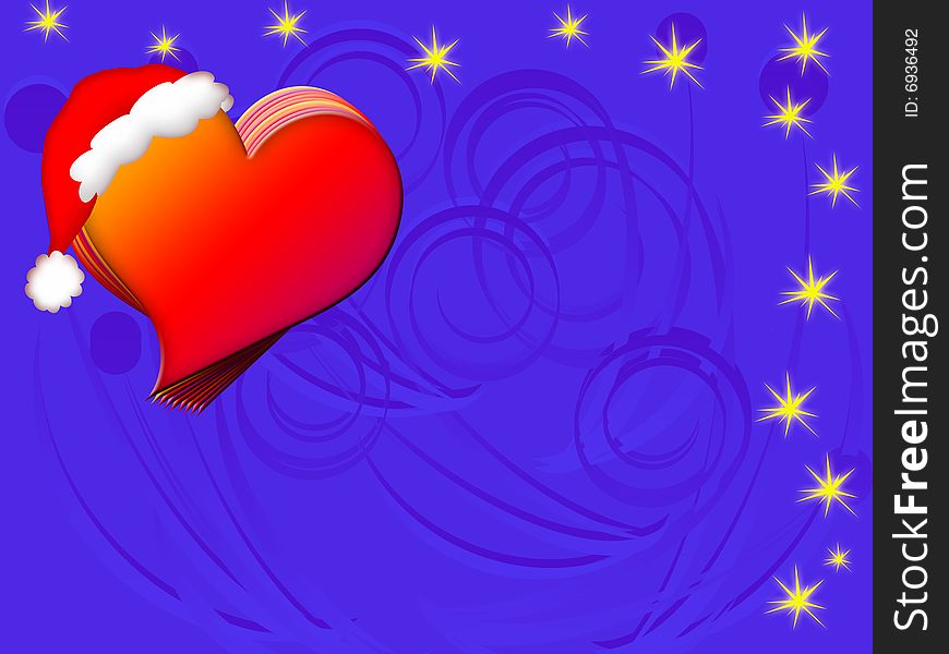 Red heart with santa's hat on blue background. Red heart with santa's hat on blue background