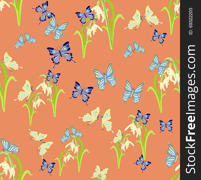 Cute Snowdrops And Butterflies Seamless Vector Pattern